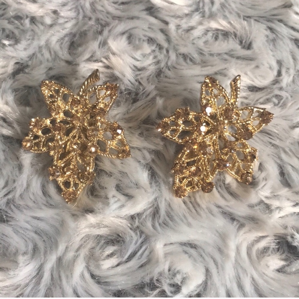 COPY - Gold Clip on Leaf Earrings with Rhinestones